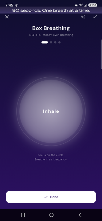 Box Breathing tool mid-use — 90 seconds, one breath at a time